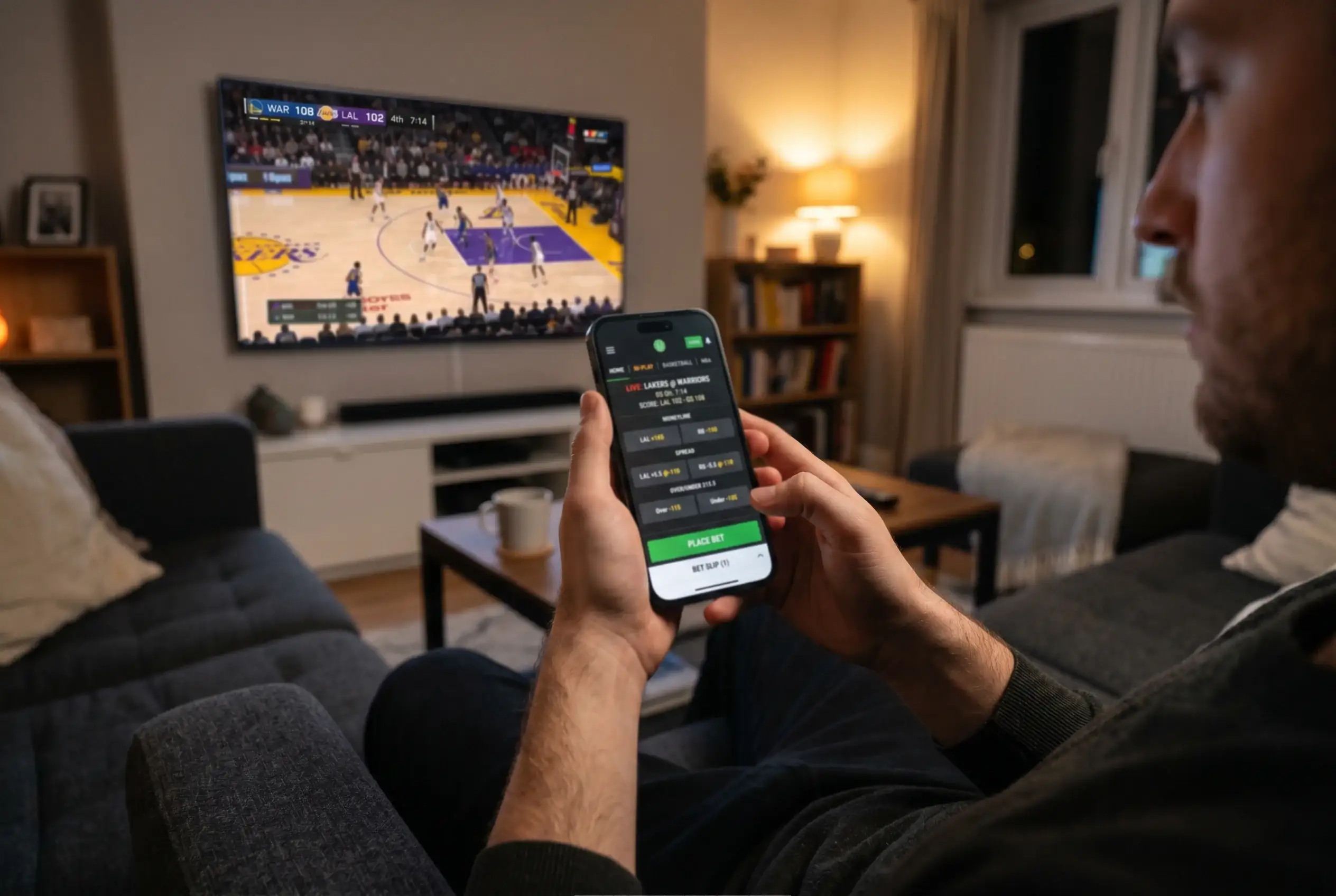 Person holding a smartphone while watching a live basketball game on television representing in-play mobile betting