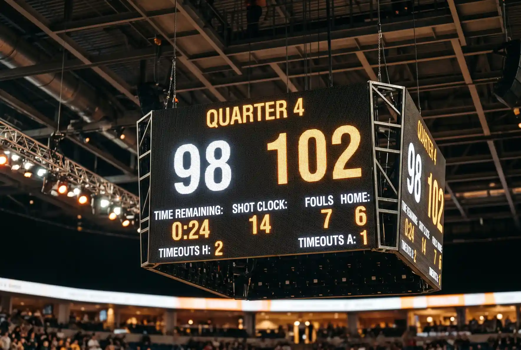 Close-up of an NBA scoreboard display showing point totals and quarter scores during a live basketball game