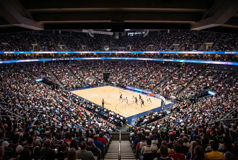 NBA arena with packed stands during a regular season game highlighting the scale of basketball betting markets