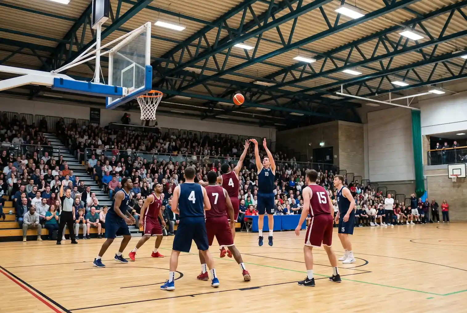 Indoor basketball arena in the United Kingdom during a Super League Basketball game with players on a hardwood court